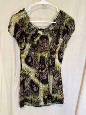 Y2K Off The Shoulder Carol Rose Blouse Size Lg Short Sleeves Paisley Green Brown